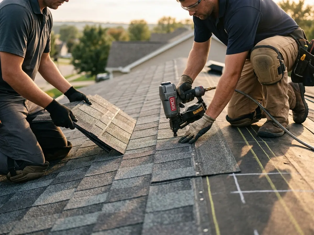 Professional roofer working on a residential roof in Sawmills